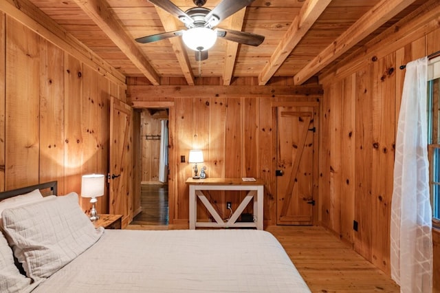 318 Buck Ridge Rd, Suches, GA 30572 - bedroom with beamed ceiling, wood finished floors, wooden walls, and wooden ceiling