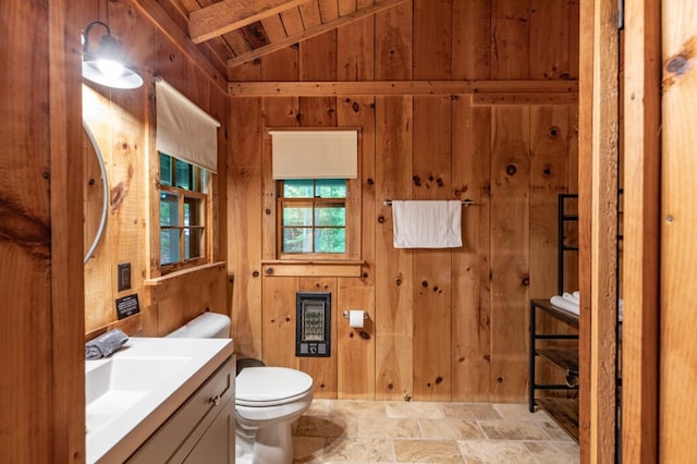 318 Buck Ridge Rd, Suches, GA 30572 - half bathroom with toilet, stone finish floor, wooden walls, wood ceiling, and vaulted ceiling with beams