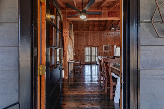 318 Buck Ridge Rd, Suches, GA 30572 - corridor with wood walls, wooden ceiling, and dark wood-style flooring