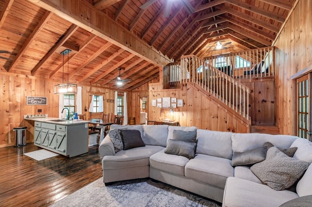 318 Buck Ridge Rd, Suches, GA 30572 - living area featuring dark wood-type flooring, wooden walls, wooden ceiling, and a ceiling fan