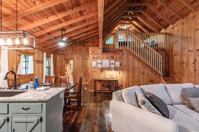 318 Buck Ridge Rd, Suches, GA 30572 - living area with dark wood-type flooring, wooden ceiling, and wood walls