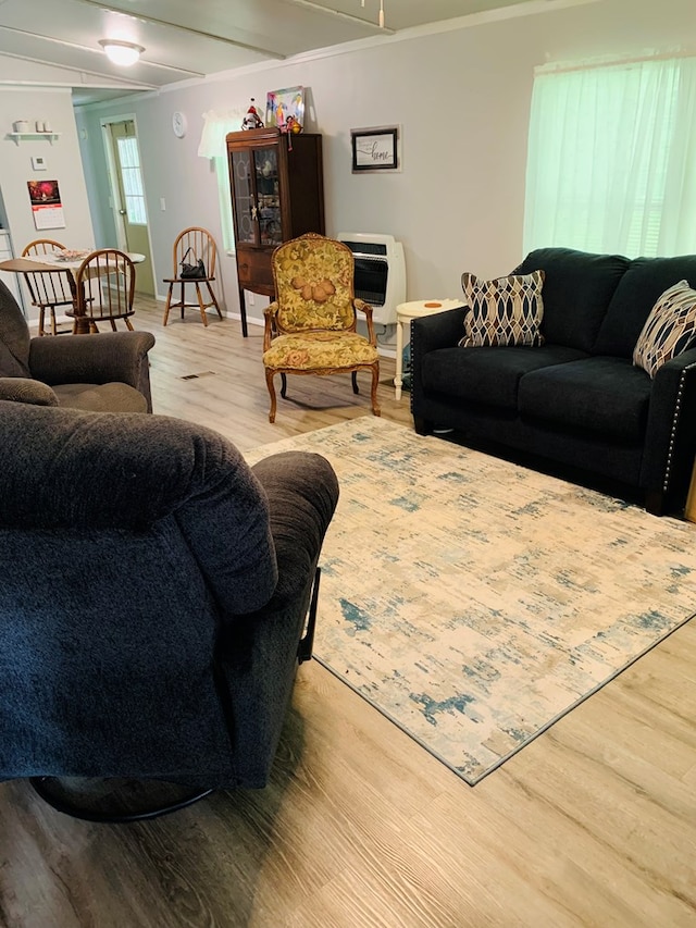 living room with heating unit and light hardwood / wood-style floors