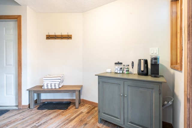 bar with gray cabinetry, light wood-type flooring, and a textured ceiling