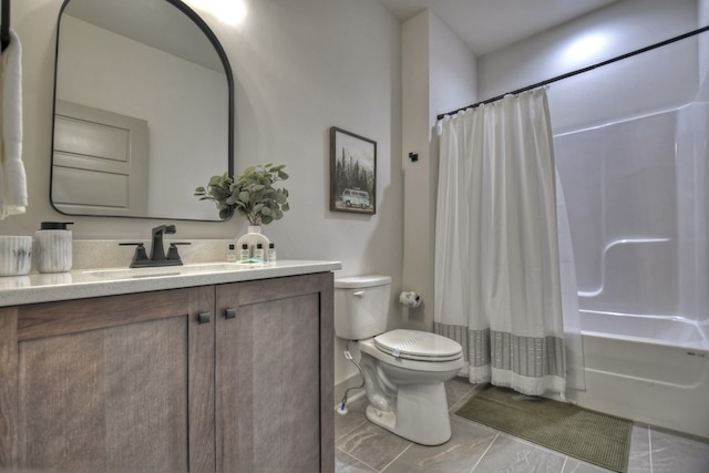 full bathroom with shower / bath combination with curtain, toilet, and vanity