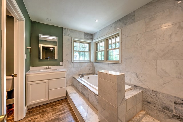 241 Boulevard St, Murphy, NC 28906 - full bathroom with tile walls, a bath, vanity, wood finished floors, and toilet