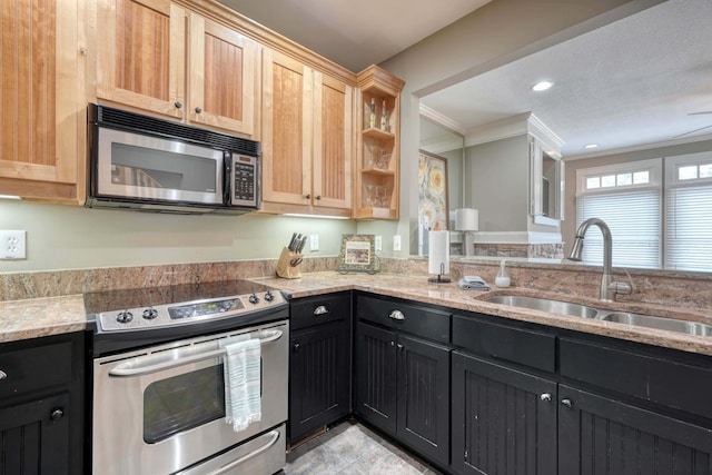 kitchen with crown molding, light stone countertops, light brown cabinetry, appliances with stainless steel finishes, and a sink