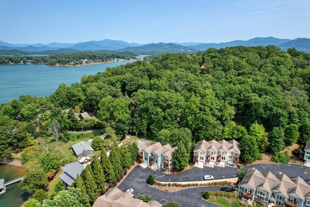 drone / aerial view with a forest view and a water and mountain view