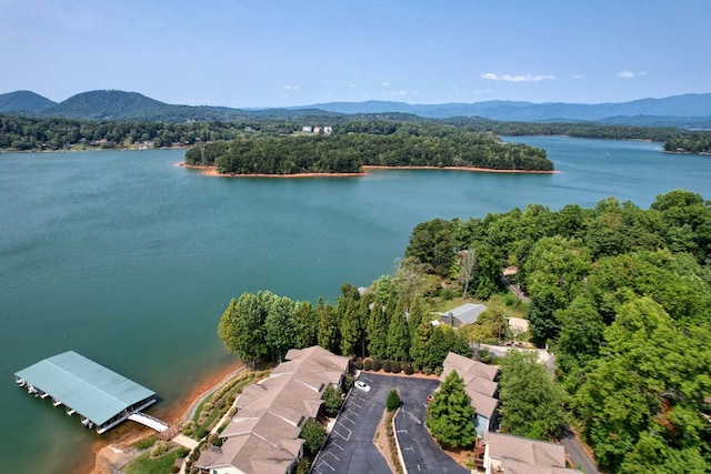 drone / aerial view featuring a water and mountain view