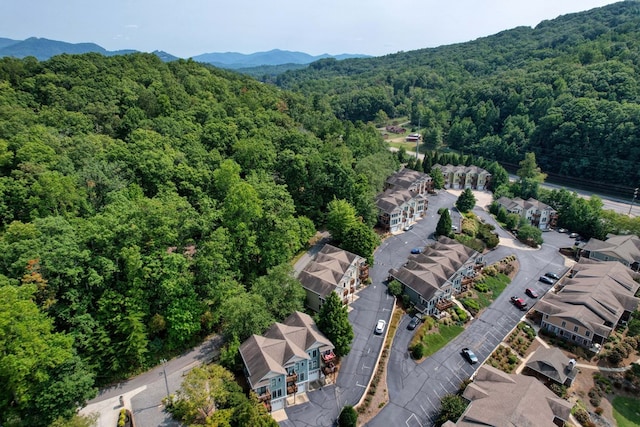 bird's eye view featuring a mountain view, a forest view, and a residential view