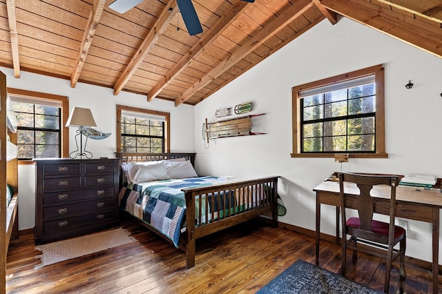 bedroom with ceiling fan, wooden ceiling, vaulted ceiling with beams, and dark hardwood / wood-style floors