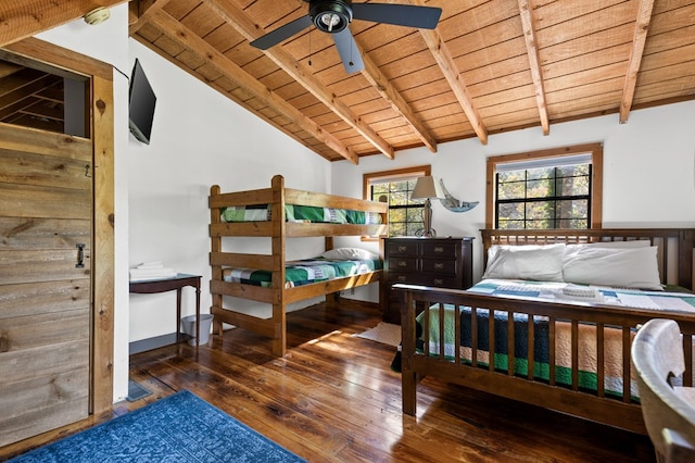 bedroom with lofted ceiling with beams, wooden ceiling, ceiling fan, and dark hardwood / wood-style flooring