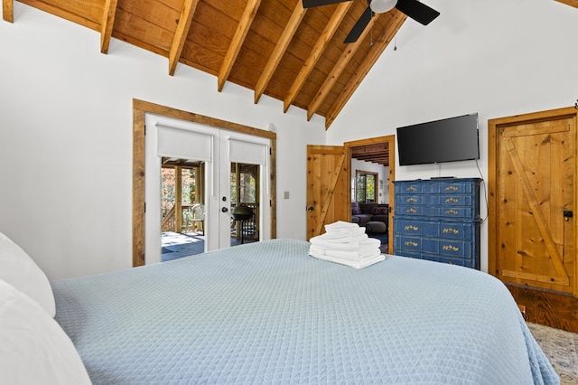 bedroom featuring access to exterior, hardwood / wood-style flooring, beamed ceiling, high vaulted ceiling, and ceiling fan