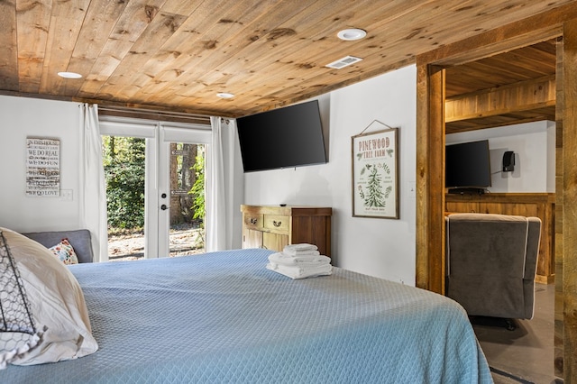 bedroom featuring access to outside and wood ceiling