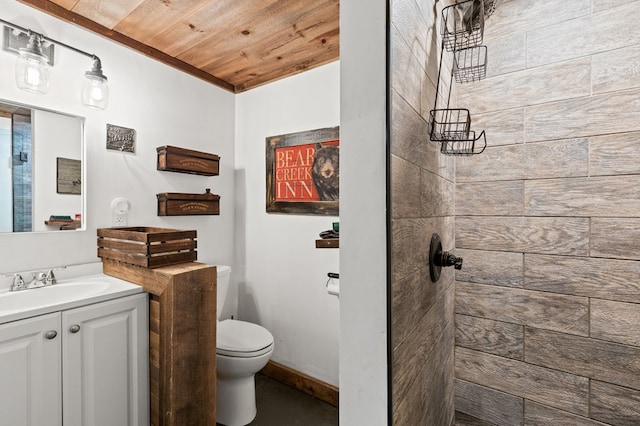 bathroom featuring vanity, walk in shower, toilet, and wooden ceiling