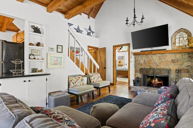 living room with beam ceiling, high vaulted ceiling, wooden ceiling, wood-type flooring, and a fireplace