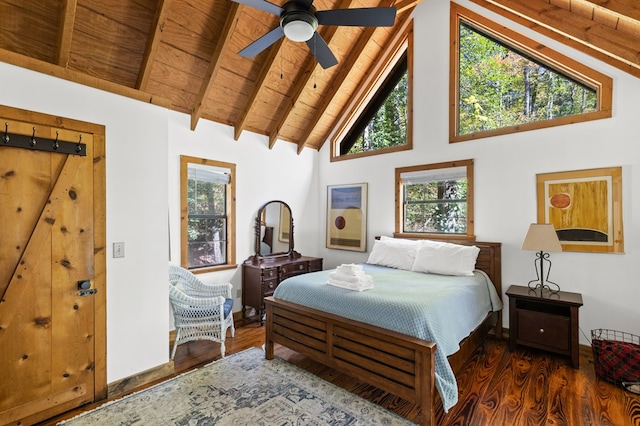 bedroom featuring dark hardwood / wood-style flooring, ceiling fan, beamed ceiling, wooden ceiling, and high vaulted ceiling