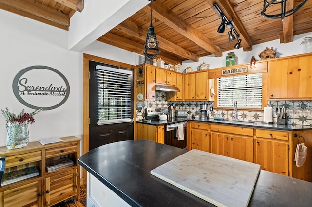 kitchen featuring beamed ceiling, decorative backsplash, sink, and electric range