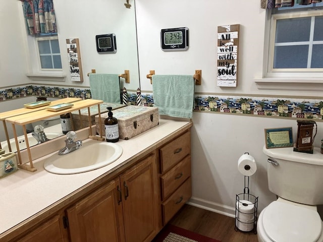 bathroom featuring vanity, hardwood / wood-style flooring, and toilet