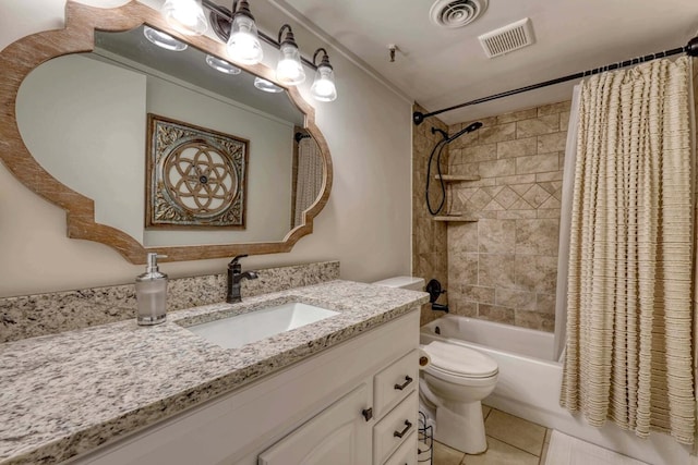 full bathroom with vanity, shower / bath combo with shower curtain, toilet, and tile patterned flooring