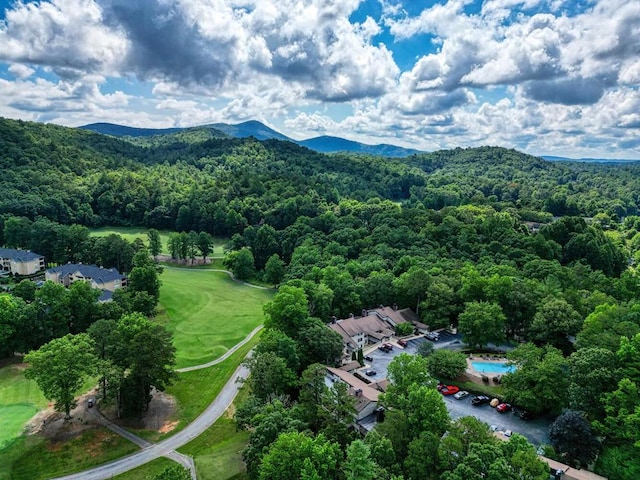 birds eye view of property featuring a mountain view and a view of trees