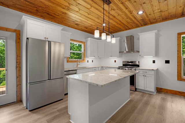 2562 Raven Cliff Rd, Ellijay, GA 30175 - kitchen featuring wood ceiling, appliances with stainless steel finishes, white cabinetry, a sink, and wall chimney exhaust hood