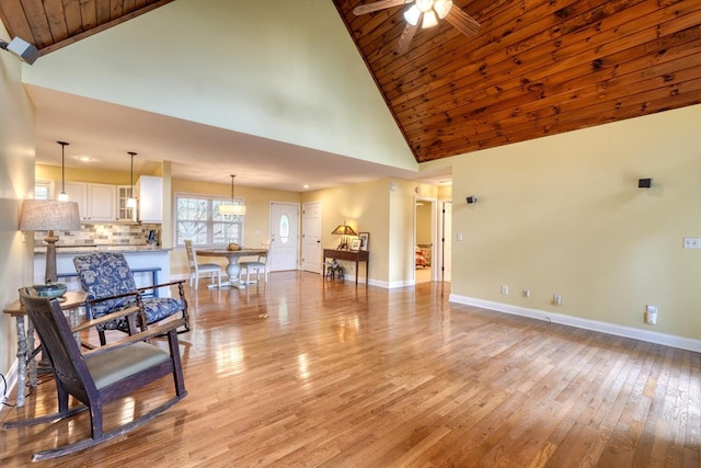 unfurnished living room with ceiling fan, high vaulted ceiling, light hardwood / wood-style floors, and wooden ceiling