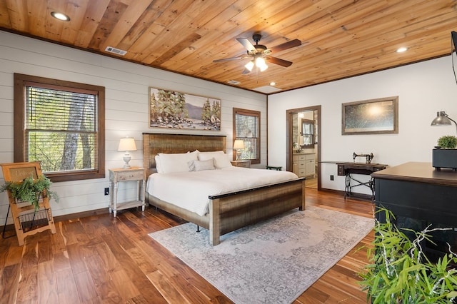 bedroom featuring ceiling fan, wooden ceiling, ensuite bathroom, hardwood / wood-style floors, and wooden walls