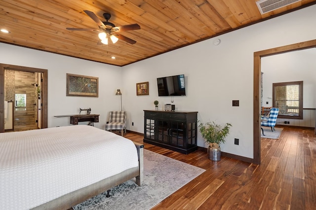 bedroom with wooden ceiling, ceiling fan, and dark wood-type flooring