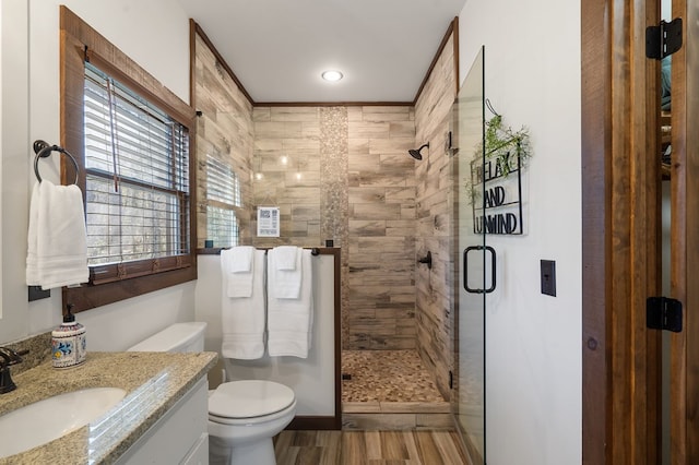 bathroom with vanity, wood-type flooring, an enclosed shower, and toilet