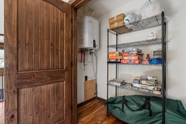 storage area with tankless water heater