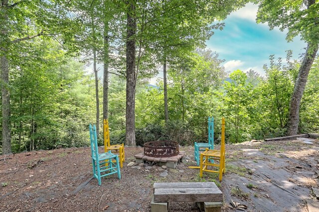 view of jungle gym with a fire pit