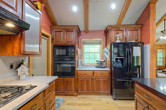 kitchen featuring extractor fan, black appliances, light hardwood / wood-style floors, beam ceiling, and ceiling fan