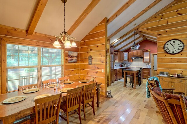 dining room with a notable chandelier, wooden walls, sink, beam ceiling, and light hardwood / wood-style flooring