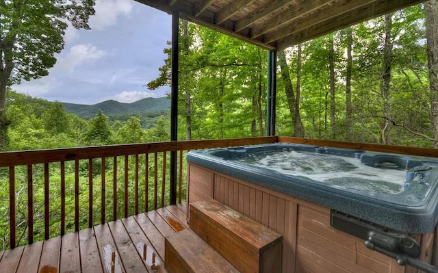 515 Amy Creek Cir, Ellijay, GA 30540 - wooden terrace with a mountain view, a wooded view, and a hot tub