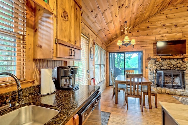 kitchen with a sink, vaulted ceiling, black dishwasher, wood ceiling, and light wood-type flooring