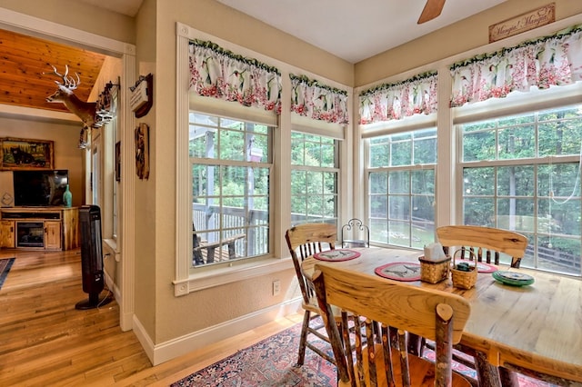 dining area featuring ceiling fan, plenty of natural light, and light hardwood / wood-style flooring