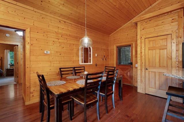 dining space featuring wooden ceiling, lofted ceiling, wood walls, and dark wood-type flooring