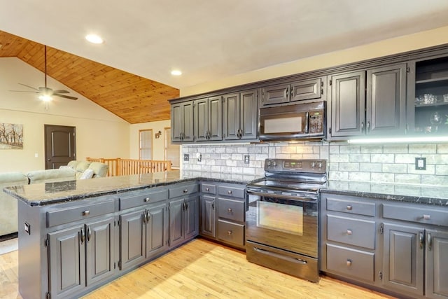 38 Smoky Mtn Rdg, Marble, NC 28905 - kitchen featuring black appliances, a peninsula, vaulted ceiling, gray cabinetry, and open floor plan