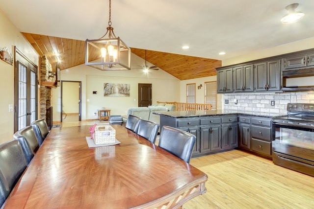 38 Smoky Mtn Rdg, Marble, NC 28905 - dining space featuring lofted ceiling, a chandelier, light wood-style floors, wooden ceiling, and recessed lighting