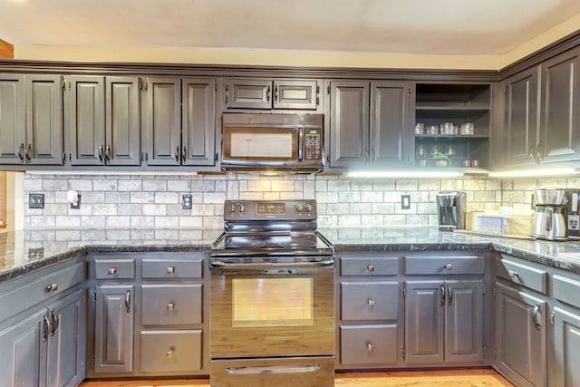38 Smoky Mtn Rdg, Marble, NC 28905 - kitchen with stainless steel microwave, black / electric stove, gray cabinetry, dark stone countertops, and decorative backsplash