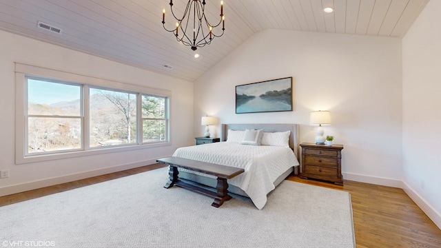 bedroom with hardwood / wood-style flooring, a notable chandelier, wood ceiling, and vaulted ceiling