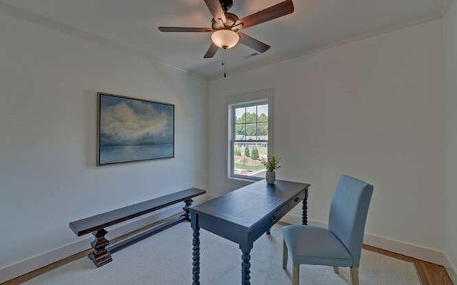 office with ceiling fan and light wood-type flooring