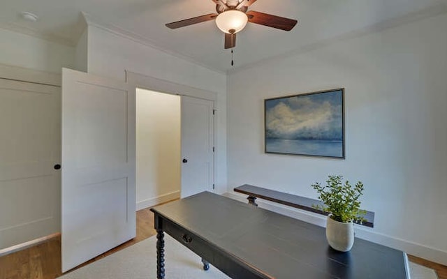 home office with ceiling fan, wood-type flooring, and crown molding