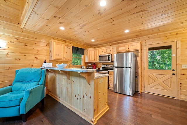 kitchen featuring wood ceiling, light brown cabinets, dark hardwood / wood-style floors, kitchen peninsula, and stainless steel appliances