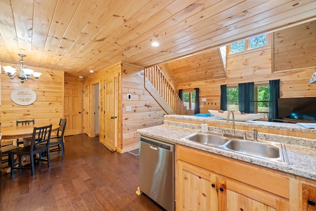 kitchen with dishwasher, sink, wood ceiling, and wood walls