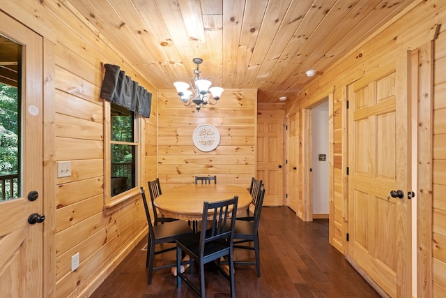 dining space featuring dark hardwood / wood-style flooring, a notable chandelier, wood ceiling, and wooden walls