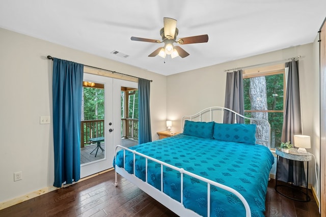 bedroom with dark hardwood / wood-style floors, access to exterior, ceiling fan, and french doors