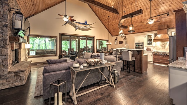 living room with wooden ceiling, dark wood-style flooring, a ceiling fan, and high vaulted ceiling