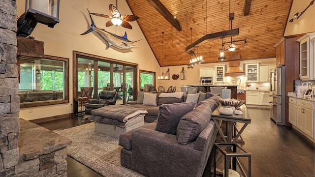 living room with wooden ceiling, ceiling fan, high vaulted ceiling, and dark wood finished floors