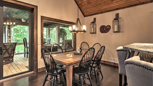 dining area with vaulted ceiling, a notable chandelier, visible vents, and dark wood-type flooring